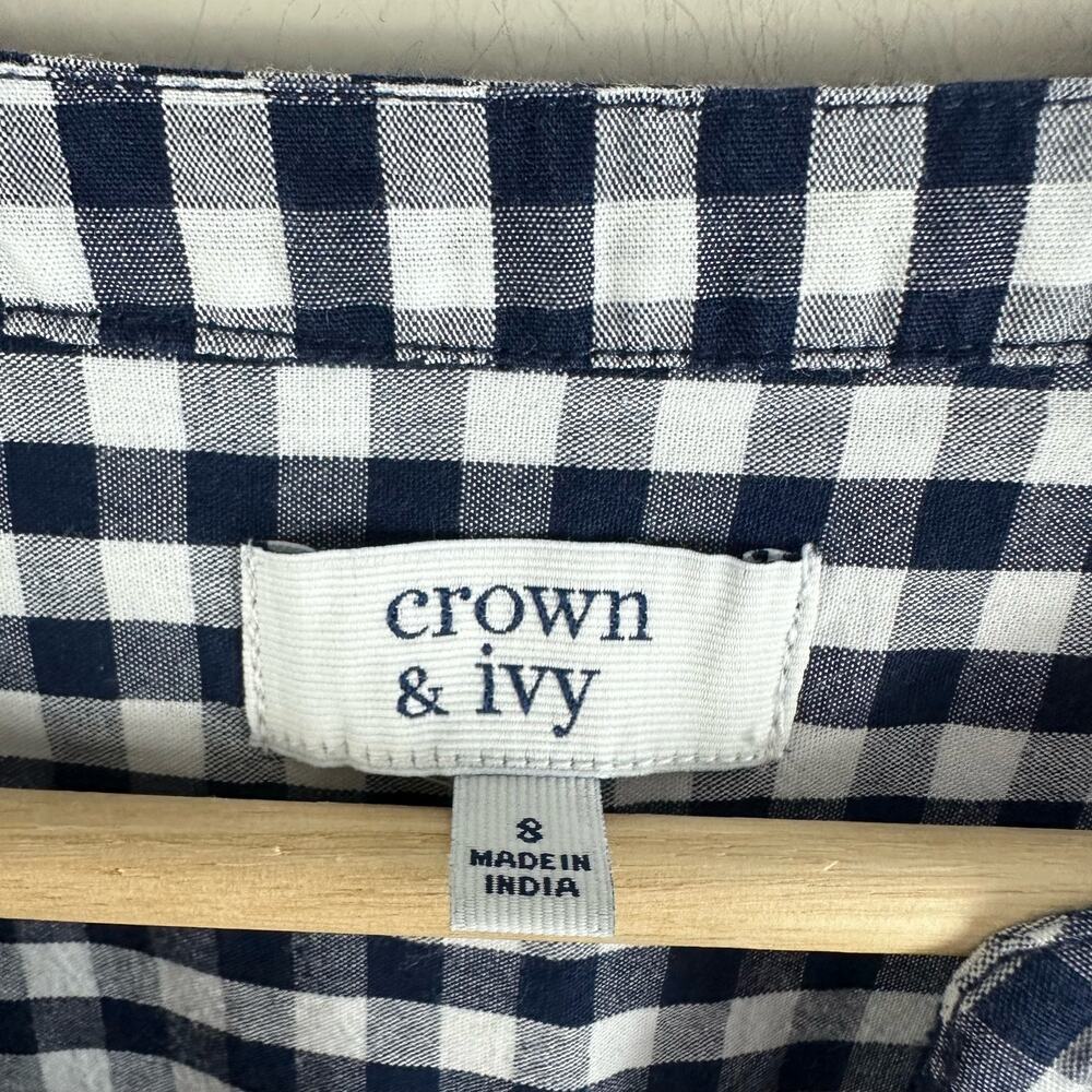 Crown & Ivy Navy Blue White Gingham Check Plaid Ruffle Shirt Shift Dress 8 M - Picture 7 of 9